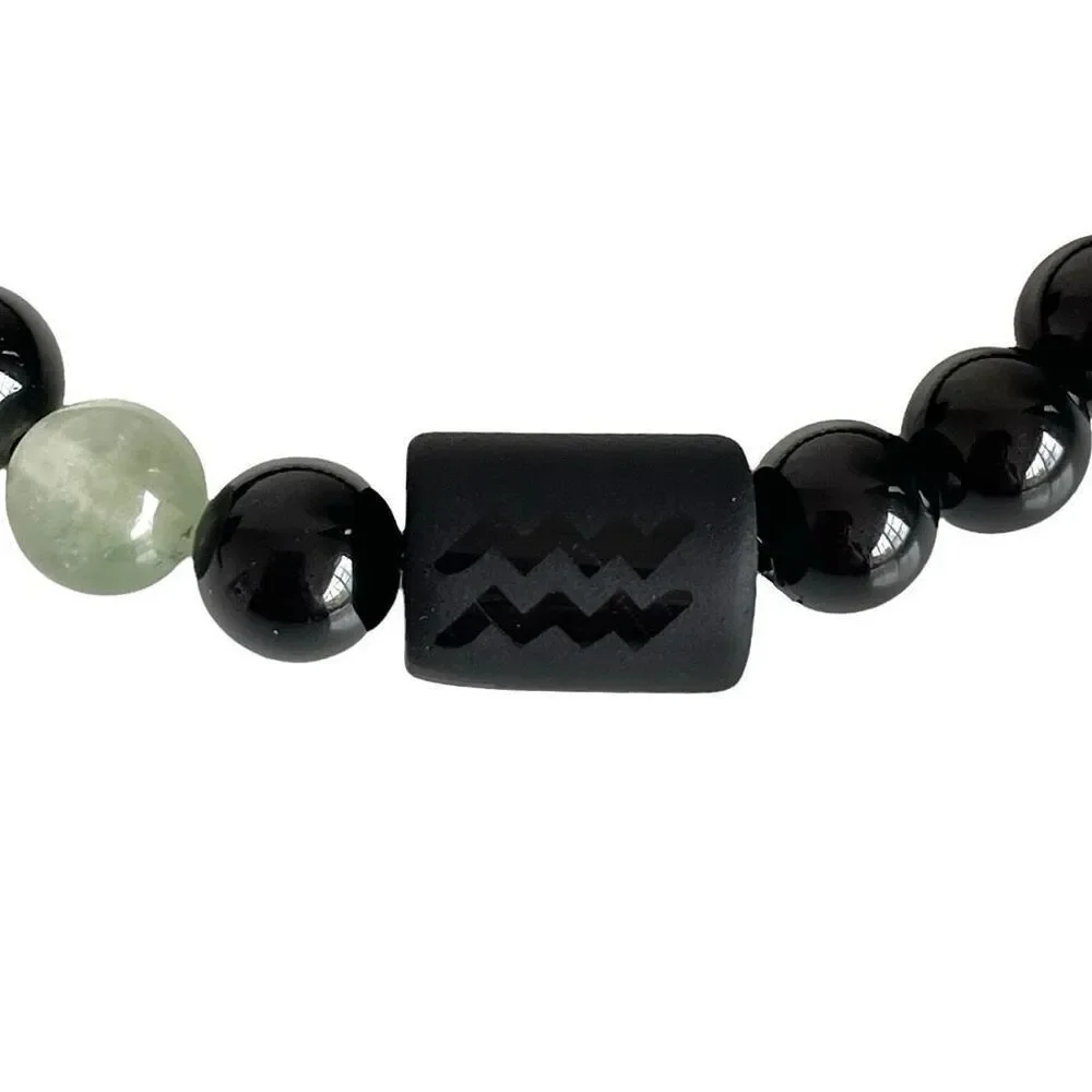 Aquarius Zodiac Beaded Bracelet Black Onyx Obsidian Fluorite Unisex, New
